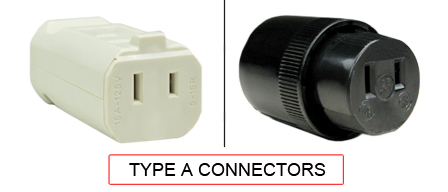 TYPE A connectors are used in the following Countries:
<br>
Primary Countries known for using TYPE A connectors is the United States, Canada, Taiwan, Japan and Jamaica.

<br>Additional Countries that use TYPE A connectors are American Samoa, Anguilla, Antigua & Barbuda, Aruba, Bahamas, Barbados, Belize, Bermuda, Bolivia, British Virgin Islands, Cayman Islands, Columbia, Costa Rica, Cuba, Dominican Republic, Ecuador, El Salvador, Guam, Guatemala, Guyana, Haiti, Honduras, Liberia, Mariana Islands, Marshall Islands, Mexico, Micronesia, Midway Islands, Montserrat, Nicaragua, Palau, Panama, Peru, Philippines, Puerto Rico, Trinidad & Tobago, Turks & Caicos Islands, US Virgin Islands, Venezuela, Wake Island.
<br><font color="yellow">*</font> Additional Type A Electrical Devices:

<br><font color="yellow">*</font> <a href="https://internationalconfig.com/icc6.asp?item=TYPE-A-PLUGS" style="text-decoration: none">Type A Plugs</a>  

<br><font color="yellow">*</font> <a href="https://internationalconfig.com/icc6.asp?item=TYPE-A-OUTLETS" style="text-decoration: none">Type A Outlets</a> 

<br><font color="yellow">*</font> <a href="https://internationalconfig.com/icc6.asp?item=TYPE-A-POWER-CORDS" style="text-decoration: none">Type A Power Cords</a> 

<br><font color="yellow">*</font> <a href="https://internationalconfig.com/icc6.asp?item=TYPE-A-POWER-STRIPS" style="text-decoration: none">Type A Power Strips</a>

<br><font color="yellow">*</font> <a href="https://internationalconfig.com/icc6.asp?item=TYPE-A-ADAPTERS" style="text-decoration: none">Type A Adapters</a>

<br><font color="yellow">*</font> <a href="https://internationalconfig.com/worldwide-electrical-devices-selector-and-electrical-configuration-chart.asp" style="text-decoration: none">Worldwide Selector. All Countries by TYPE.</a>

<br>View examples of TYPE A connectors below.